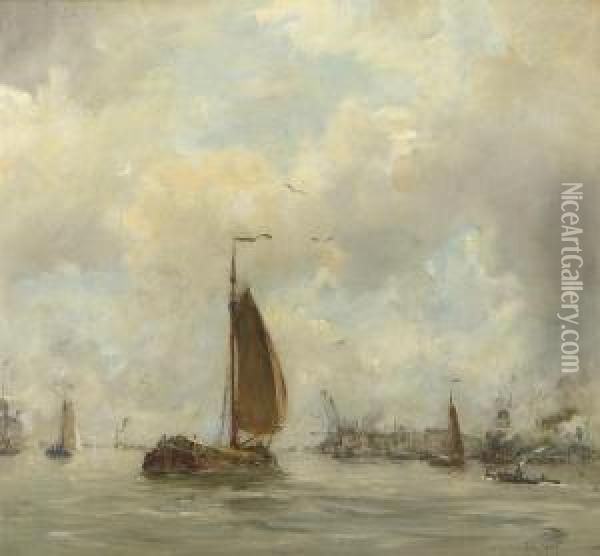 Sailing Vessels Near The Harbour Entrance Oil Painting - Hobbe Smith