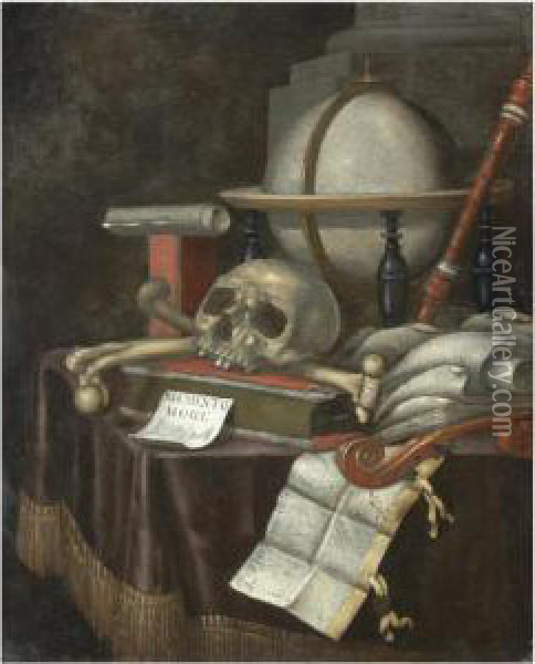 A Vanitas Still Life With A 
Globe, A Skull And Other Human Bones,musical Instruments And Several 
Books All Aranged On A Drapedtable Oil Painting - Edwart Collier