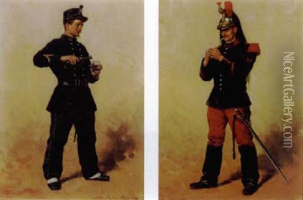 Militaire (+ Another, Similar; Pair) Oil Painting - Jules Monge