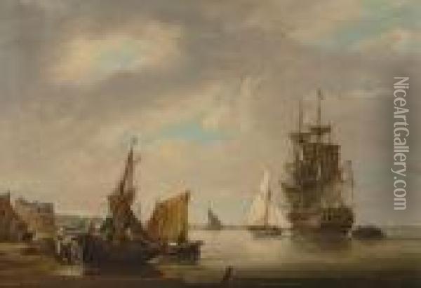 A Frigate Taking On Troops As 
She Prepares To Sail From Her Anchorage Just Outside The Entrance To 
Portsmouth Harbour Oil Painting - George Webster