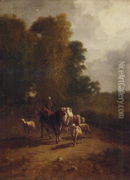 A Drover With Cattle And Sheep On A Wooded Track Oil Painting - Antonio Cortes Cordero