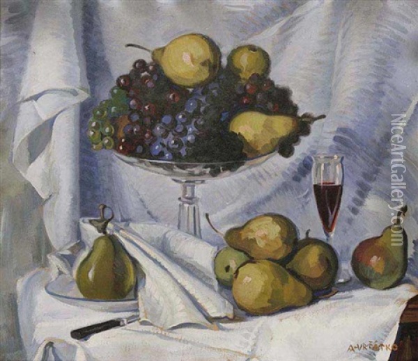 A Still Life With Wine And Pears Oil Painting - Antonin Vrtalko-Jary