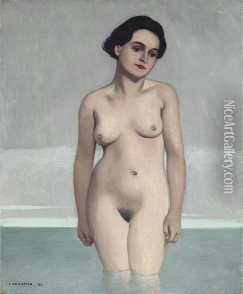 Baigneuse De Face Dans L'eau A 
Mi-cuisses 1925 Bather In The Water Up To The 
Middle Of The Thighs Seen From The Front 1925 Oil Painting - Felix Edouard Vallotton