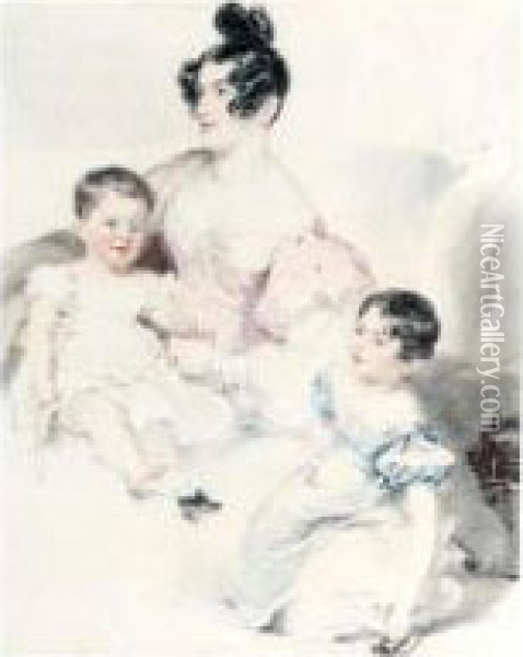 Portrait Of A Lady And Her Two Children Oil Painting - Frederick Tatham