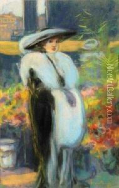 L'elegante Aux Fleurs Oil Painting - Louis Fortuney