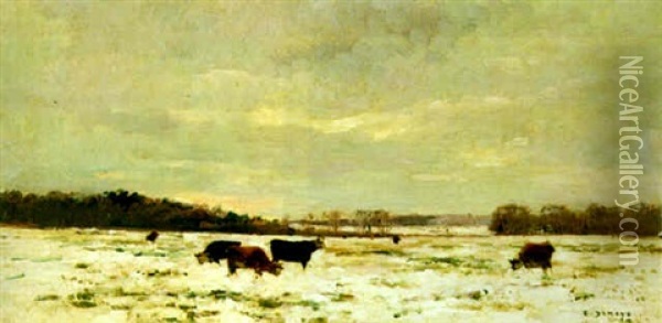 Winterliche Landschaft Mit Kuhen Oil Painting - Pierre Emmanuel Eugene Damoye