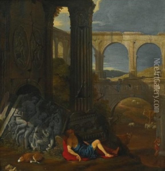 An Architectural Capriccio With Ancient Ruins, A Triumphal Arch And A Haut-relief Sculpture, With The Story Of Mercury And Argus Oil Painting - Jean (Lemaire-Poussin) Lemaire
