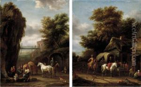 A Rocky Landscape With 
Travellers At A Forge; And A Wooded Landscape With Horsemen Halting At 
An Inn Oil Painting - Barent Gael