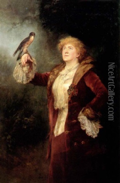 A Portrait Of The Actress Ellen Terry Standing With A Hawk On Her Raised Arm Oil Painting - John Collier