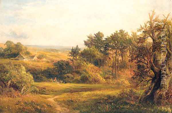 Children at a Sty in an extensive Landscape, near Rugby Oil Painting - George Turner