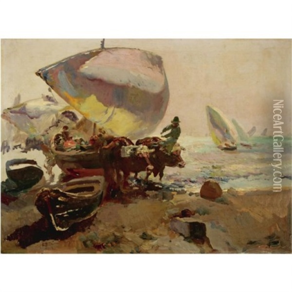 Bueyes Y Barcas En La Playa (oxen And Boats On A Beach) Oil Painting - Jose Navarro Llorens