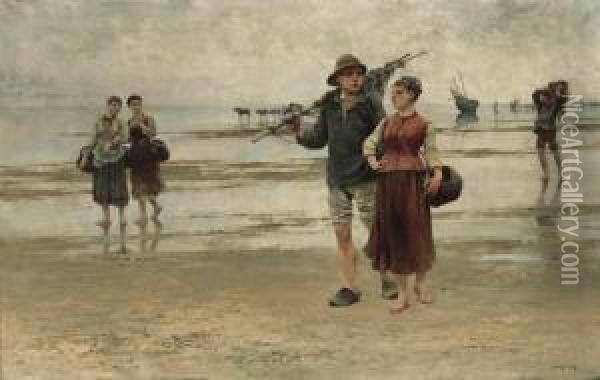 Fisherfolk On The Beach Oil Painting - August Wilhelm Nikolaus Hagborg