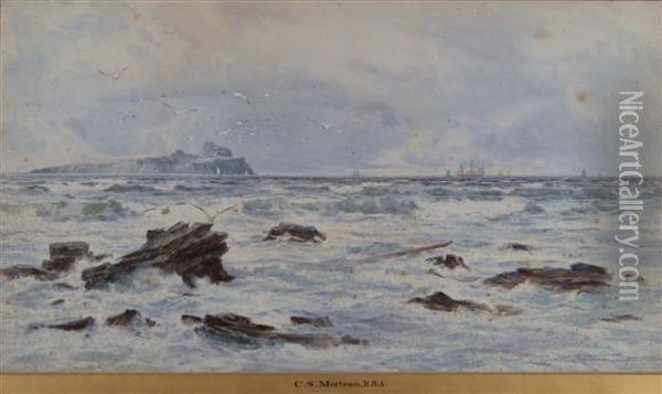 Coastal Rocks With Seagulls And Shipping In The Distance Oil Painting - Charles Mottram