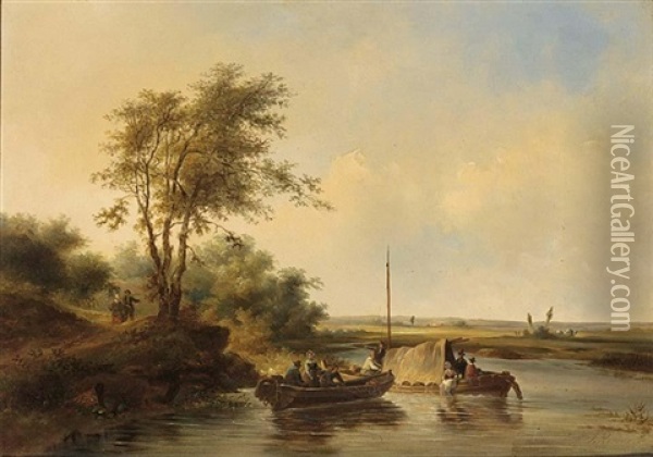 A River Landscape With Boats Oil Painting - Jean Charles Joseph Remond