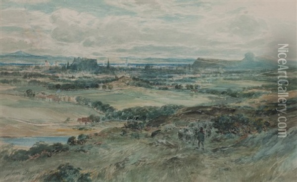 A Panoramic View Of Edinburgh And Arthur's Seat From Blackford Hill/the South Oil Painting - Samuel Bough
