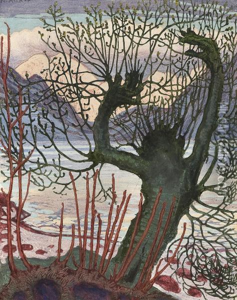 Spring Night And Old Man Willow Oil Painting - Nikolai Astrup