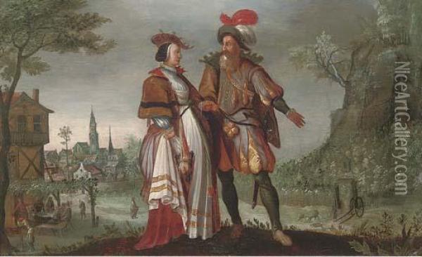 A Wooded Landscape With An Elegant Couple Courting Oil Painting - Sebastien Vrancx