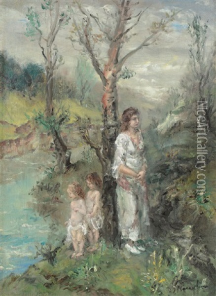 On The Shore Of The River (the Allegory Of Little Girls Baptism) Oil Painting - Aurel Naray