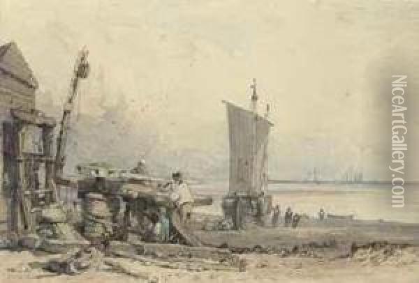 Fisherfolk Conversing On The Foreshore Oil Painting - Samuel Prout