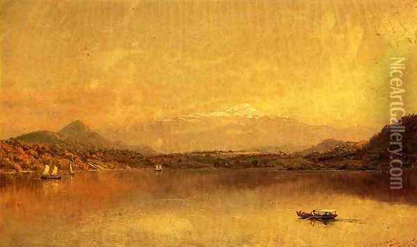 Autumn Landscape with Boaters on a Lake Oil Painting - Jasper Francis Cropsey