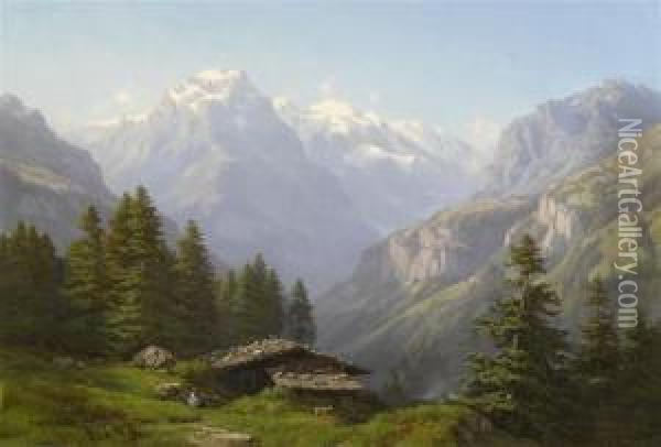 Alpine Hut In The Swiss Mountains Oil Painting - Jean Philippe George-Juillard