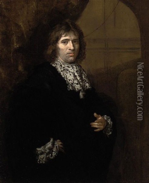 Portrait Of A Gentleman In Black, Under An Arch Oil Painting - Caspar Netscher