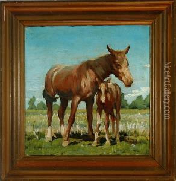 A Horse With A Foal Oil Painting - Lars Rastrup