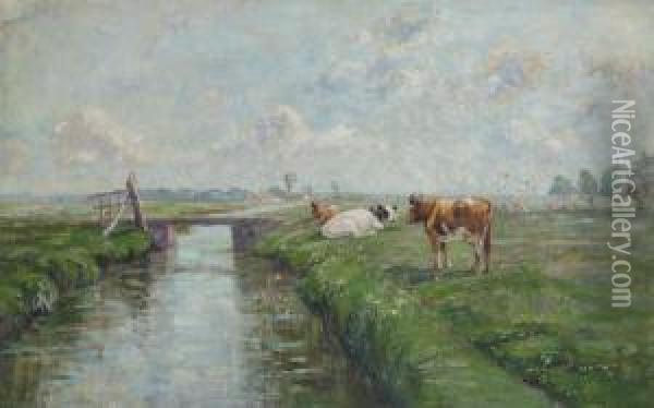 Meadow With Cows With Windmill In The Background Oil Painting - Henri Van Muyden