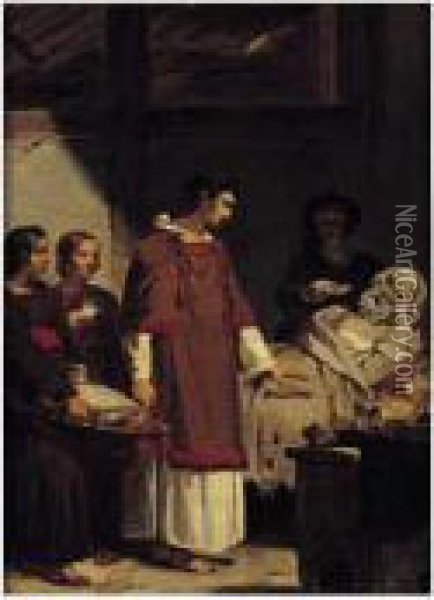 Saint Etienne Portant Secours A Une Famille Pauvre Oil Painting - Leon Cogniet