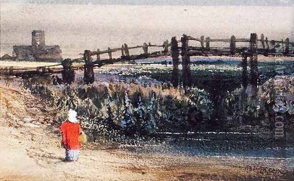 The Footbridge (Landscape with Red Cloak) Oil Painting - Thomas Shotter Boys