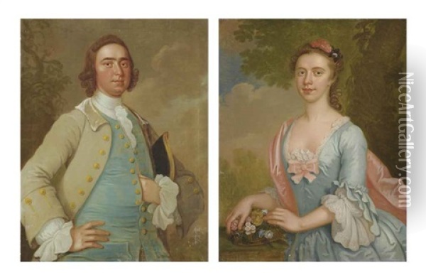 Portrait Of A Gentleman, Half-length, In A Grey Coat And Blue Waistcoat...(+ Portrait Of A Lady, Half-length, In A Blue Dress...; Pair) Oil Painting - John Vanderbank the Younger