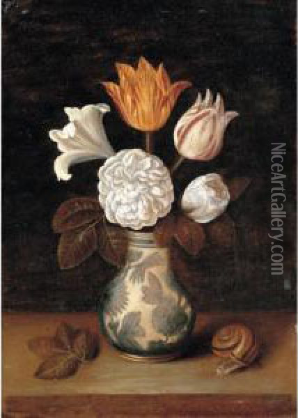 A Still Life Of Roses, A Lily 
And Variegated Tulips In A Blue And White Vase, With A Snail Nearby Oil Painting - Ambrosius the Elder Bosschaert
