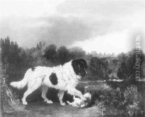 A Newfoundland And A Spaniel Playing In A Landscape With A View Of Windsor Castle Oil Painting - Richard Barrett Davis