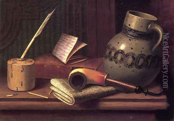Still Life with Inkwell, Book, Pipe and Stoneware Jug Oil Painting - William Michael Harnett