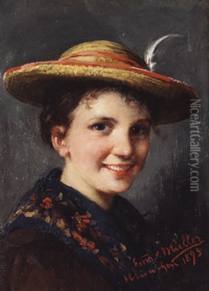 Portrait Eines Jungen Madchens Mit Strohhut, Lachelnd Zum Betrachter Oil Painting - Emma (Edle von Seehof) Mueller