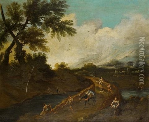 A Wooded Landscape With Travellers And A Mule Crossing A Bridge...(+ Travellers On A Bridge Above A Waterfall With A Hilltop Village Beyond; Pair) Oil Painting - Bartolomeo Pedon