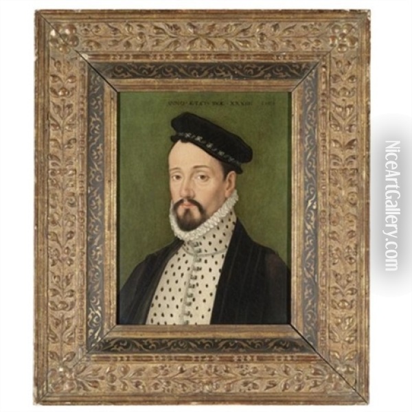 Portrait Of A Bearded Young Man At The Age Of 34, Bust Length, Wearing A Black Cap Oil Painting - Francois Clouet