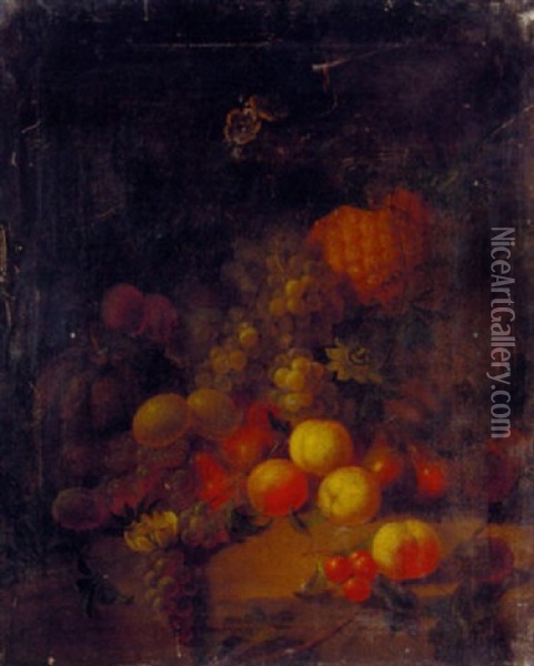 Grapes, Peaches, Plums, Pears, Cherries, A Melon, And A Pineapple Oil Painting - Joseph Rhodes