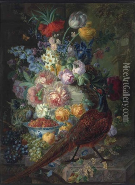 An Arrangement Of Tulips, Roses, Irises, Narcissus, Grapes, White Currants, A Peach And A Strawberry, With A Pheasant And A Mouse By A Chinese Bowl Oil Painting - Jan Kelderman