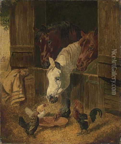 Three Horses At A Barn Door Oil Painting - John Frederick Herring Snr