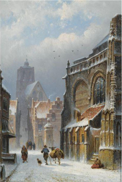 A Snow Covered Street In Zaltbommel, The Grote Kerk In Thebackground Oil Painting - Eduard Alexander Hilverdink