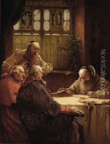 Monks And A Cardinal In A Library Oil Painting - Richard Linderum