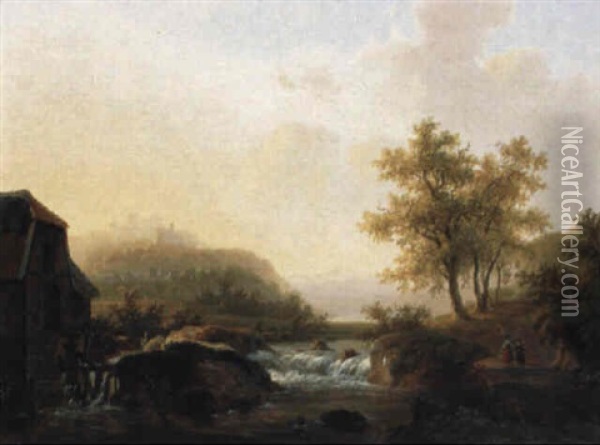 A Wooded River Landscape With Figures By A Watermill Oil Painting - Willem De Klerk