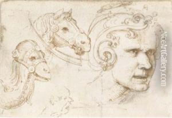 The Head Of A Man Wearing An Elaborate Helmet, Another Head Inprofile And The Heads Of A Camel And A Horse Oil Painting - Baldassare Peruzzi