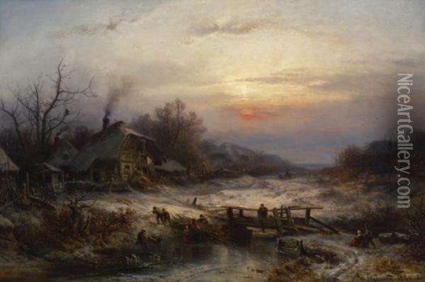 Winterliche Dorflandschaft. Oil Painting - Adolf Stademann