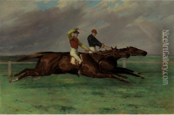 Sir Sutton's Lord Lyon Beating 
Lord Ailesbury's Savernake At The Doncaster St. Leger Of 1866 Oil Painting - Harry Hall