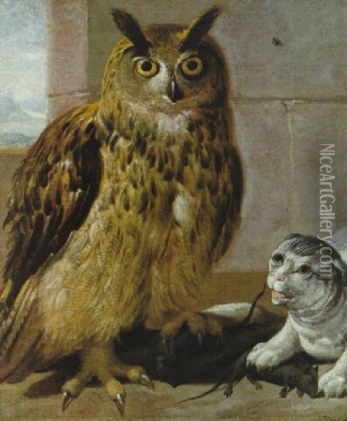 Eine Eule Und Eine Katze Als Mausefanger Oil Painting - Joseph Roos