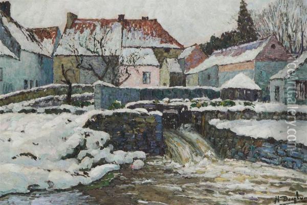 Winter City View With Cascade Oil Painting - Henri Deglume