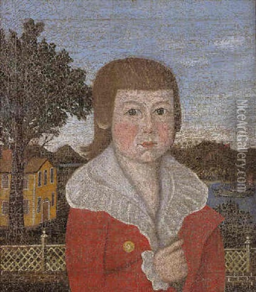 A Young Boy In Red Jacket, Yellow House In Background: A Portrait Of Samuel Tracy Coit Oil Painting - Joseph Steward