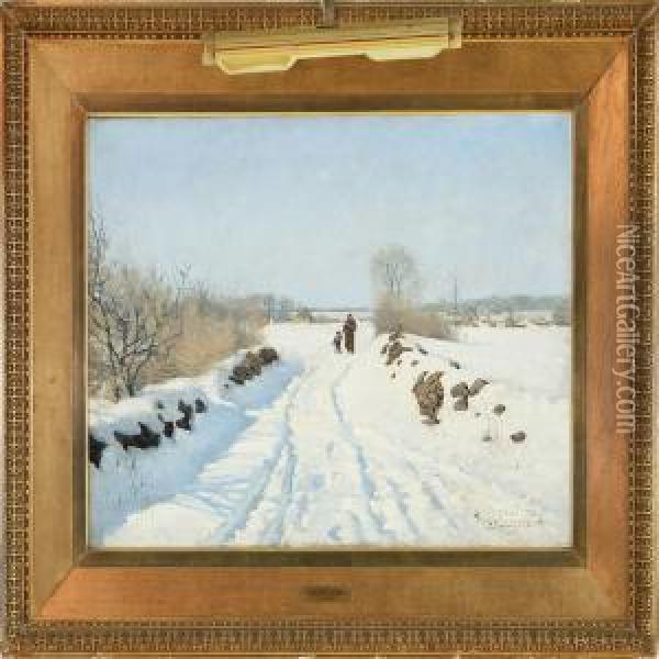 Winter Landscape With Mother And Child On The Road Oil Painting - Sigvard Hansen
